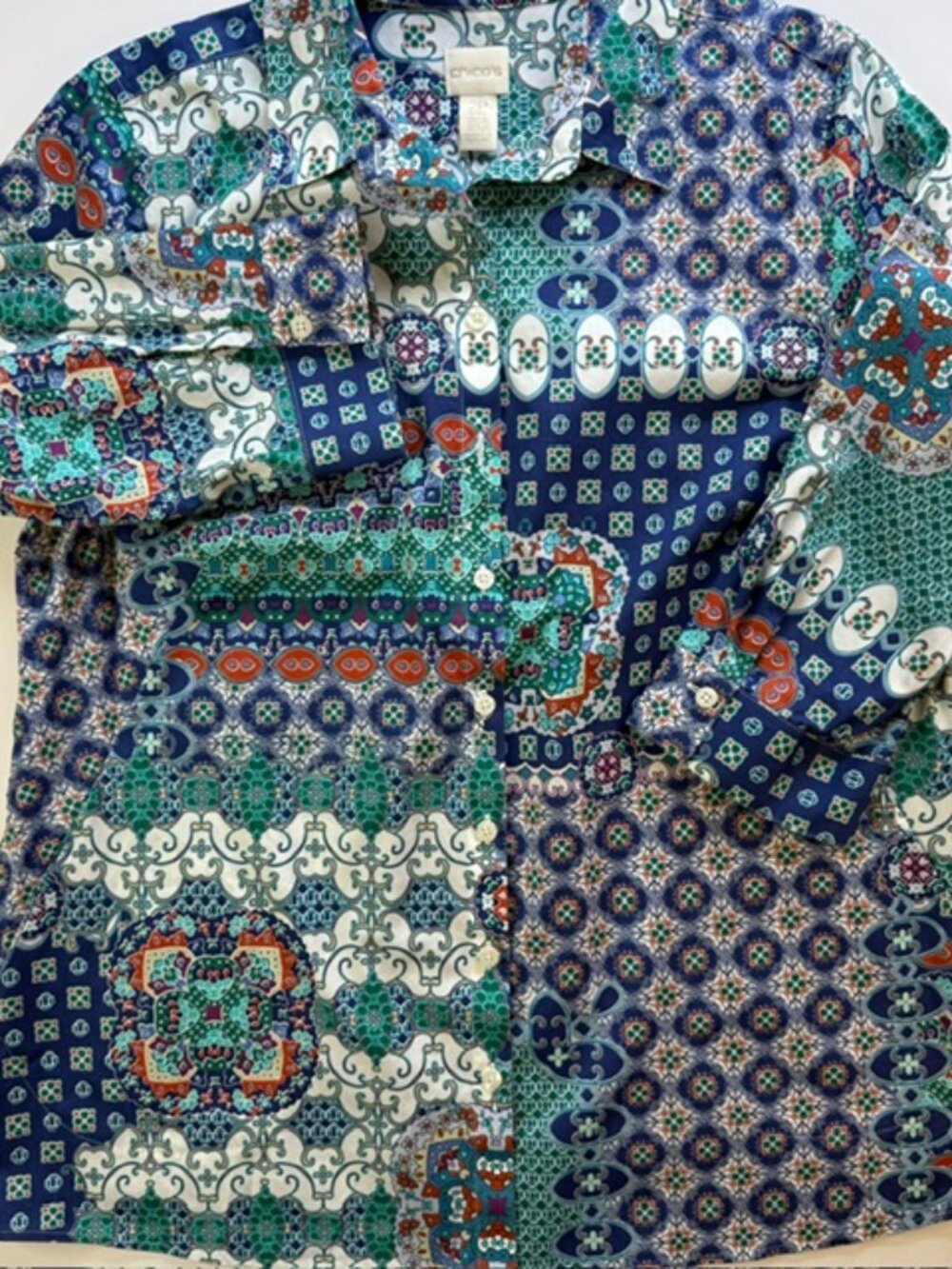 Chicos Blouse Women's Multicolor 3/4 Sleeve Cotton Spandex Button Up